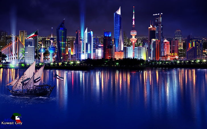 Kuwait, city, cityscape, sailing ship, city lights, architecture