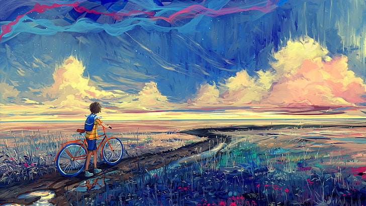 boy holding bike while walking on pathway painting, fantasy art