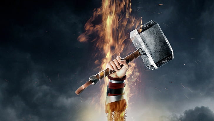 Thor, movies, fire, arms up, Mjolnir, Marvel Cinematic Universe, HD wallpaper