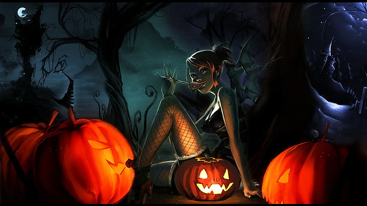 woman sitting beside lighted pumpkin digital wallpaper, anime girls, HD wallpaper