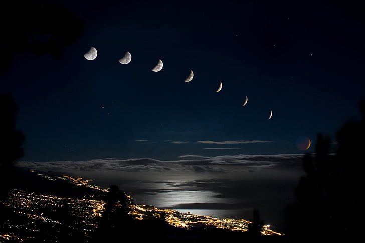 moon phase, the city, lights, The moon, Eclipse, night, dark, HD wallpaper