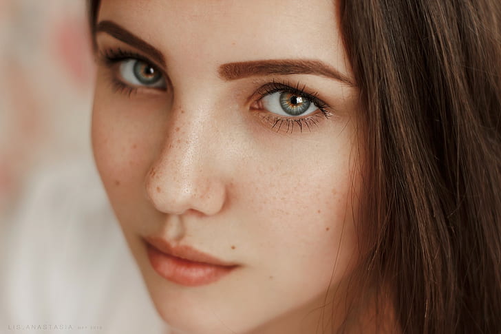 brunette, model, face, portrait, freckles, Anastasia Lis