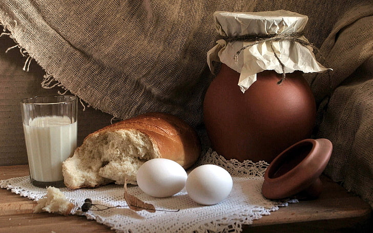 two white eggs and bread, milk, jar, relish, food, breakfast, HD wallpaper