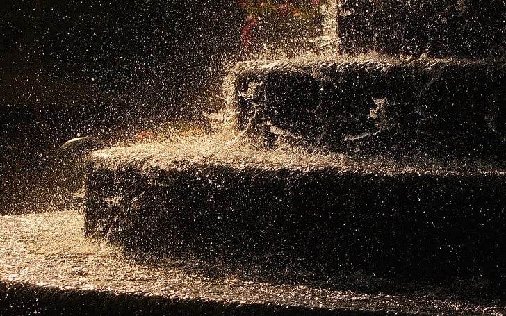gray outdoor fountain, rain, stairs, motion, real people, splashing, HD wallpaper