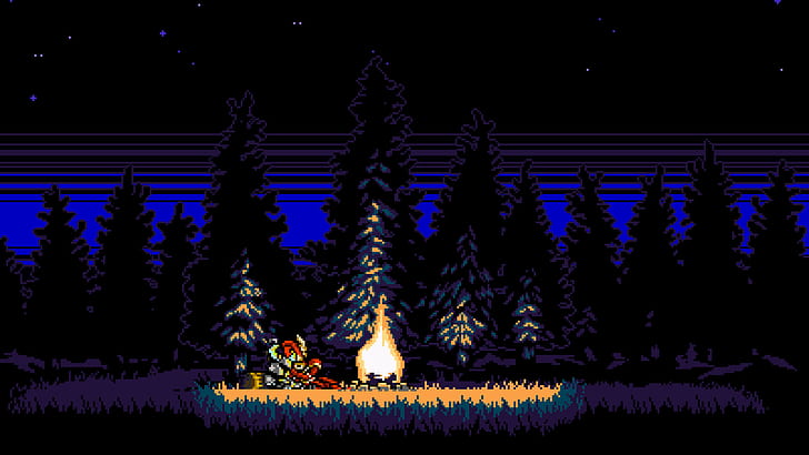 pixel art, fire, night, forest