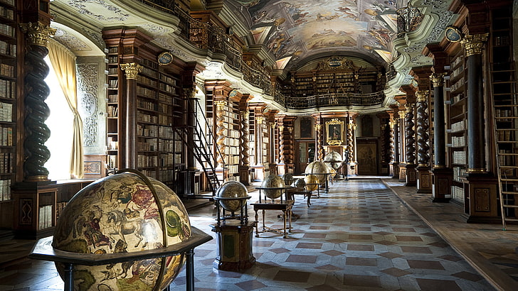 library, interior, globes, books, window, Prague, architecture, HD wallpaper