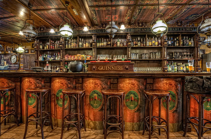 brown Guinness wooden bar, chairs, alcohol, stand, pub, drinks.