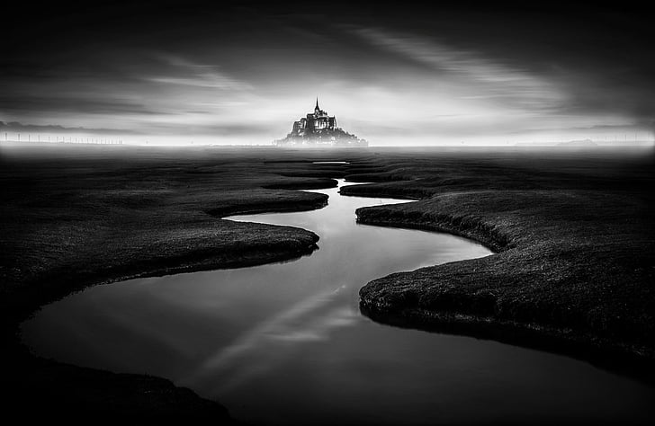 Religious, Mont Saint-Michel, Black & White, Fog, France, HD wallpaper