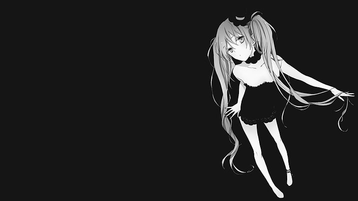 female anime character illustration, Vocaloid, Hatsune Miku, monochrome