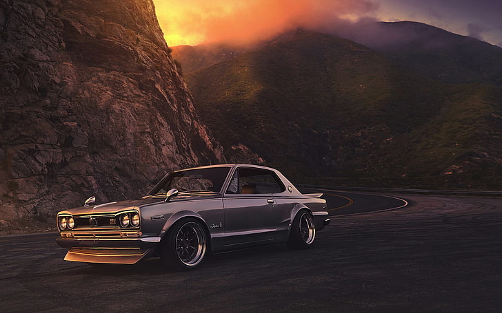 grey BMW E-Series, Nissan, GTX, Car, 2000, Front, Sunset, Skyline, HD wallpaper
