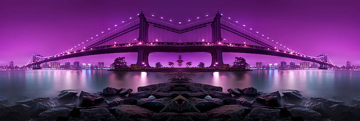 bridge, photography, purple, city, night