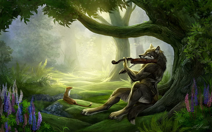 The Fox The Fiddle, forest, fidle, sunshine, bard, violin, music, HD wallpaper