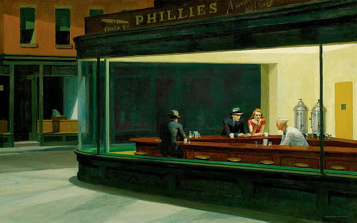 Classic Art, Edward Hopper, Nighthawks, painting, Restaurant