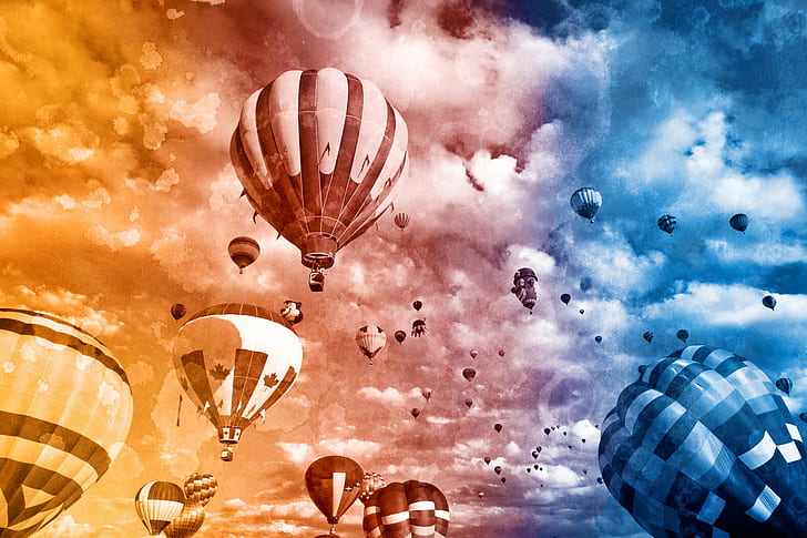 hot air balloons floating in the sky, Acrylic, ballooning, aviation