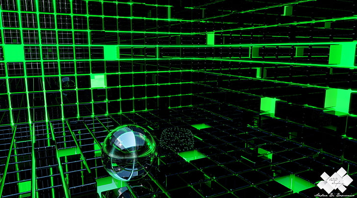 Abstract2 - CubicWall, Artistic, 3D, green, sphere, black, cube, HD wallpaper