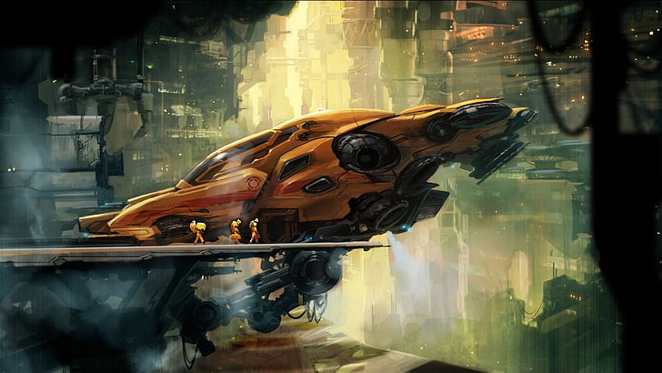 orange aircraft illustration, artwork, digital art, spaceship