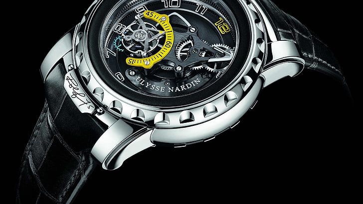 watch, luxury watches, Ulysse Nardin, black background, metal