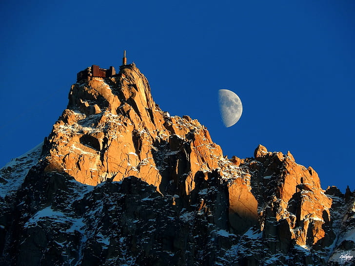 photo of brown concrete mountain with half moon during daytime, HD wallpaper