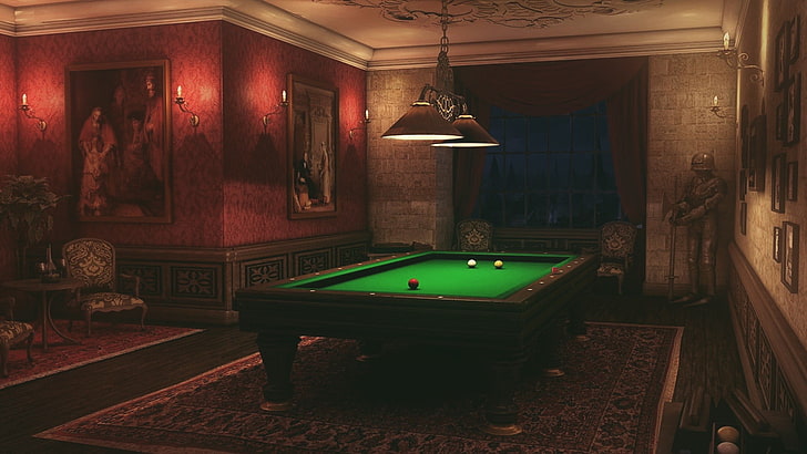 black and green pool table, billiards, room, interior design, HD wallpaper
