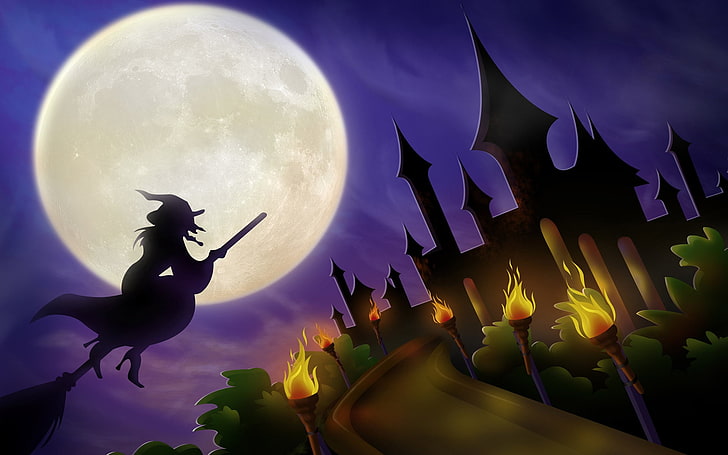 Fondos Halloween, flying witch illustration, Festivals / Holidays
