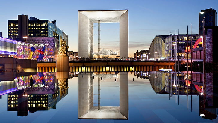 building, Cityscape, La Défense, Lights, Paris, reflection, HD wallpaper