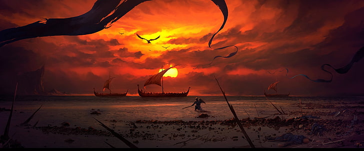 boats and sunset wallpaper, digital art, artwork, Dominik Mayer, HD wallpaper