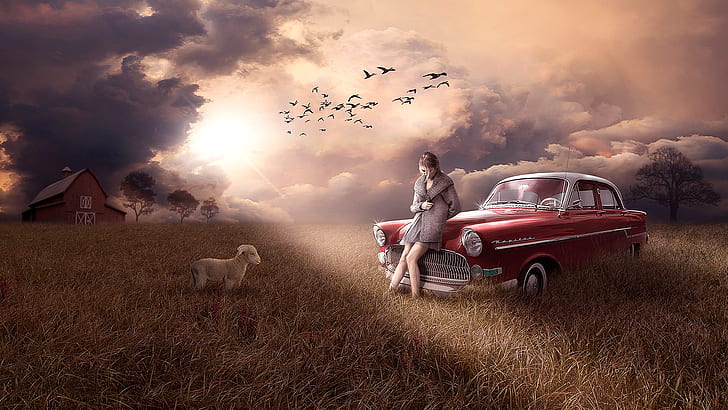 girl, vintage car, sad, meadow, lamb, landscape, heartbreak