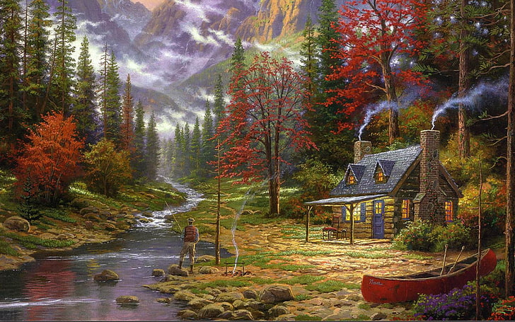 house surrounded with trees near body of water painting, forest