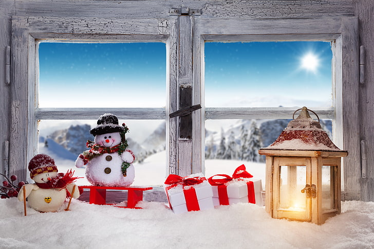 two snowmen decors, winter, decoration, New Year, window, Christmas, HD wallpaper