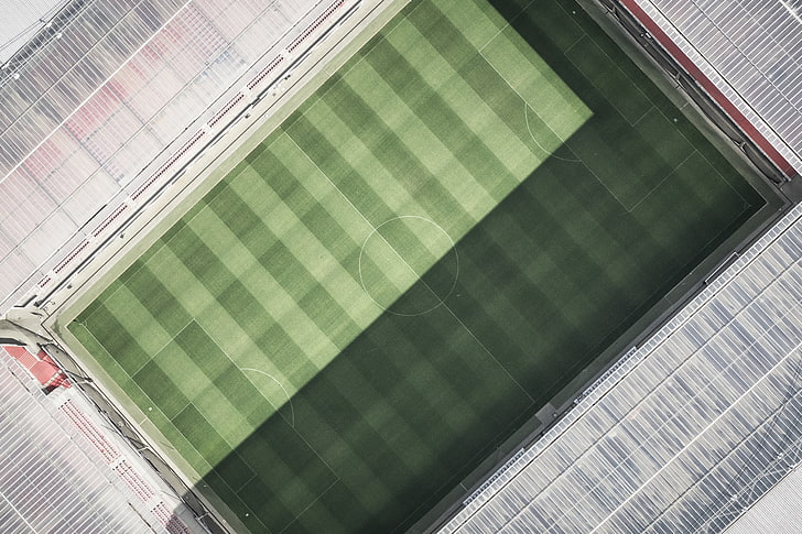 green, white, and black plaid textile, Soccer Field, helicopter view