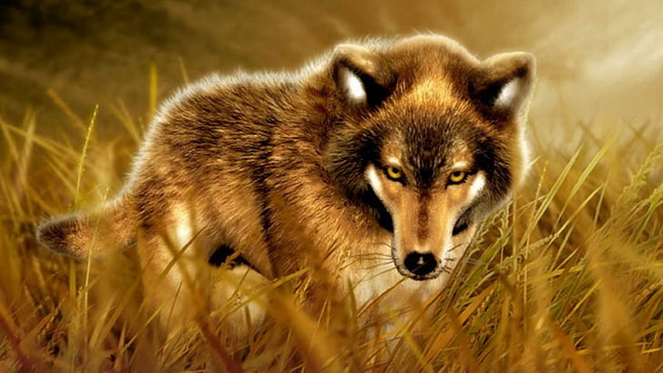 Mystery Wolf, brown and black wolf, wolf pup, fantasy, grey wolf, HD wallpaper