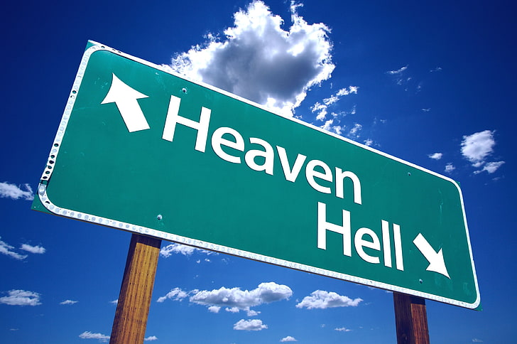 green and white Heaven Hell sign, the way, Paradise, index, choice, HD wallpaper