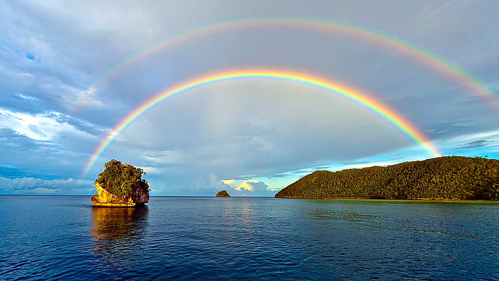 rainbows, clouds, sky, horizon, forest, hills, Indonesia, Misool Island, HD wallpaper