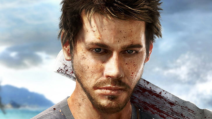 Far Cry 3, Jason Brody, sky, eyes, clouds, blood, head, beard, HD wallpaper