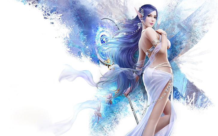 Elegant Girl With Long Blue Hair Fantasy Anime Wallpapers For Desktop 5120×3200, HD wallpaper