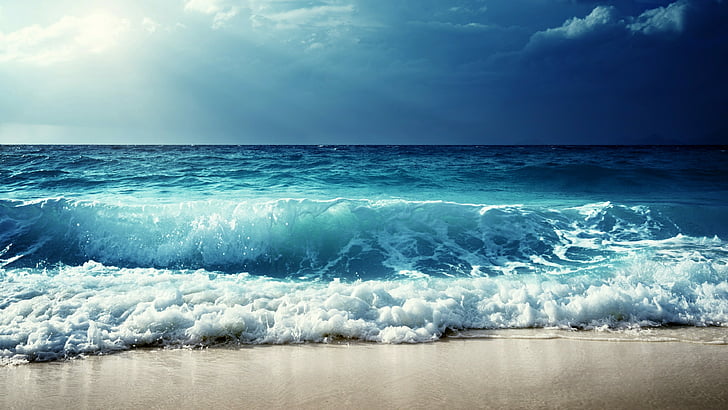 sea, wave, ocean, sky, body of water, shore, horizon, wind wave, HD wallpaper