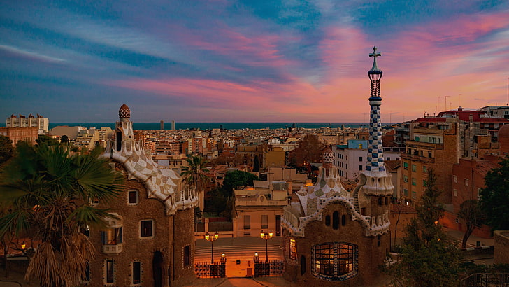 dusk, catalan, park güell, modernism, skyline, historic, sunset, HD wallpaper