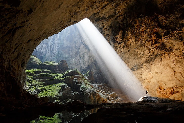 cave, Hang  Son Doong, sun rays, nature, rock, grass, landscape