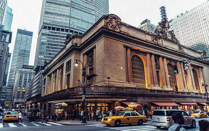 brown concrete building and yellow cab, Grand Central Station, HD wallpaper