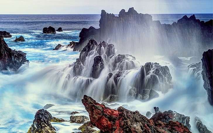 landscape, nature, sea, rock, coast, horizon, waterfall, Easter Island, HD wallpaper