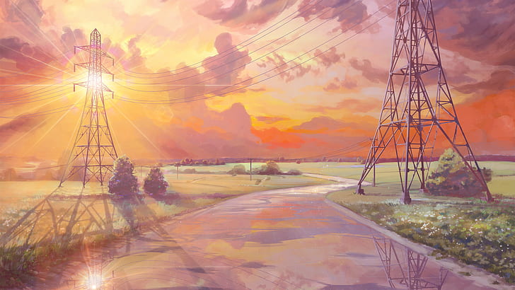 Hd Wallpaper Clouds Blue Green Arsenixc Anime Landscape Road Power