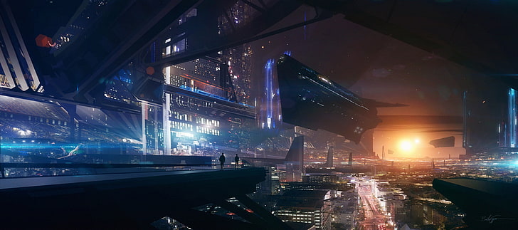 spaceship, city, science fiction, people, lights, future area