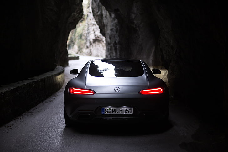 grey Mercedes-Benz AMG GT coupe, lights, darkness, rear view