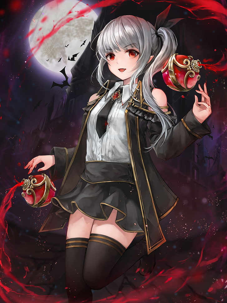 HD wallpaper: anime vampire girl, fang, red eyes, gray hair, moon, bats,  night | Wallpaper Flare