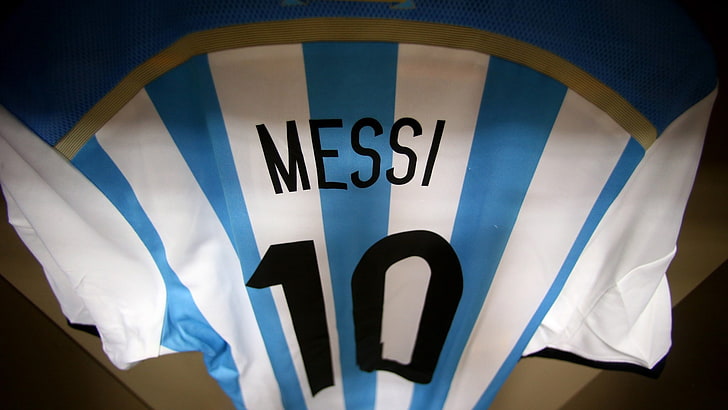 teal and white Argentina Lionel Messi jersey shirt, soccer, text