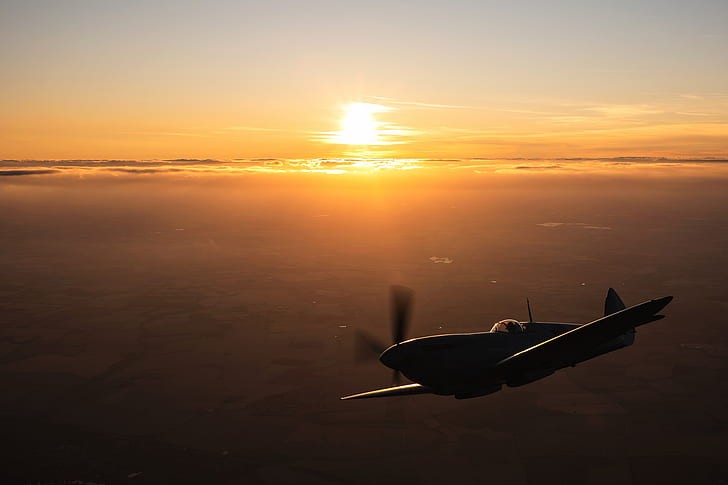 Sunset, Screw, Fighter, Spitfire, RAF, The Second World War, HD wallpaper