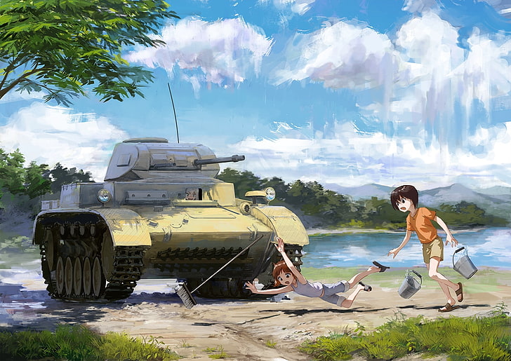 nishizumi miho, itsumi erika, girls und panzer, tank, river, HD wallpaper