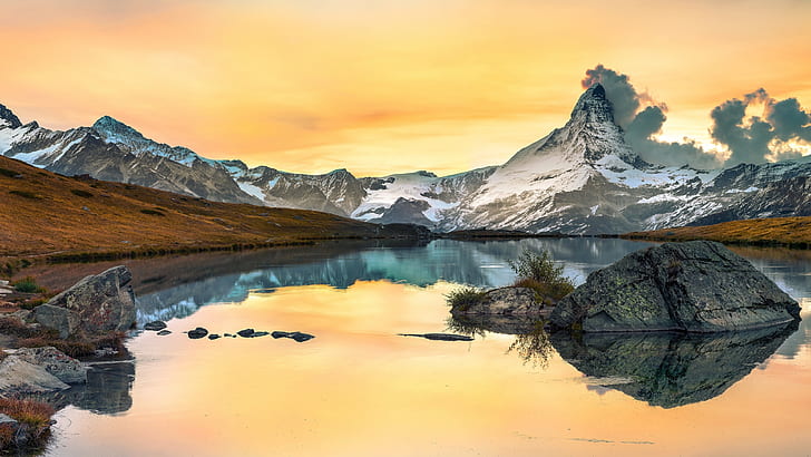 riffelsee, matterhorn, mountain, sky, mountain lake, morning, HD wallpaper