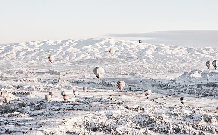 Hot Air Balloon Ride Over Cappadocia Winter, Europe, Turkey, Travel, HD wallpaper