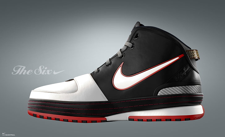 Lebron James Sneakers, unpaired white, black, and red Nike sneaker